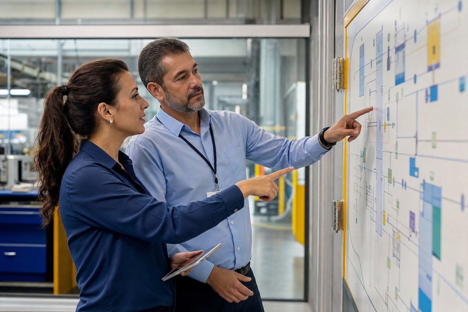 Consultora e gerente analisando um mapa de processos da qualidade